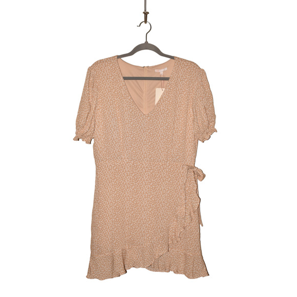 GB GIANNA BINI NEW $59 Flower Petal Printed Faux Wrap Ruffle Hem Dress Tan Large - Picture 1 of 4